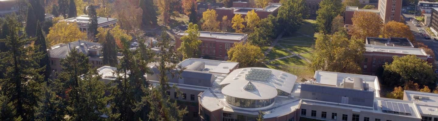 Aerial photo of campus near the Lillis Business Complex Aerial photo of campus near the Lillis Business Complex